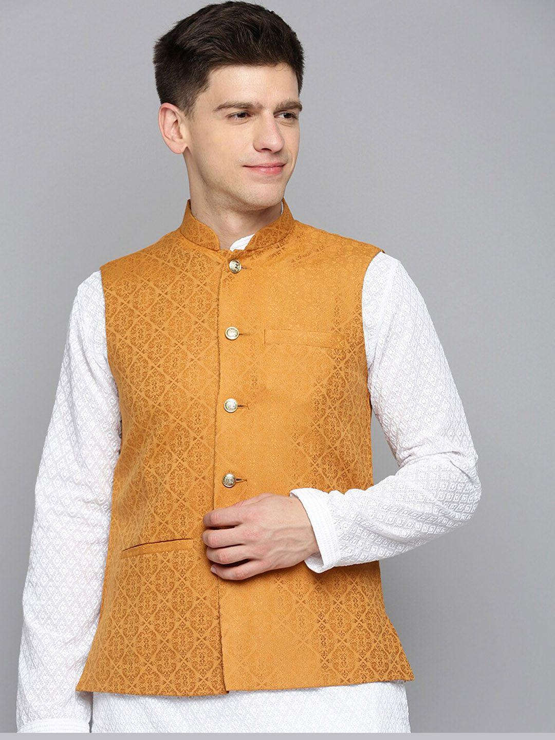 showoff men woven design mandarin collar nehru jacket