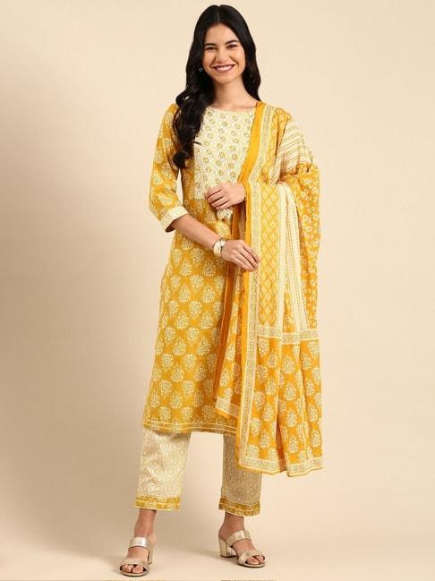 showoff mustard cotton printed kurta pant set with dupatta