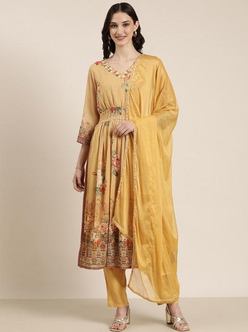 showoff mustard embellished kurta with pants & dupatta