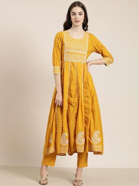 showoff mustard embellished kurta with pants