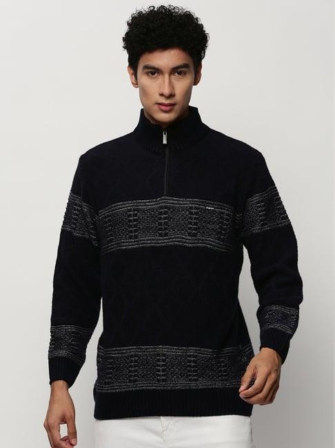 showoff navy blue slim fit self pattern sweater