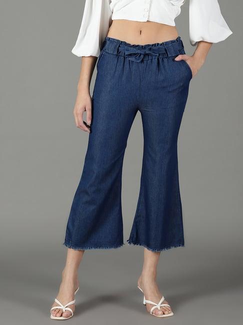 showoff navy denim straight fit high rise trousers