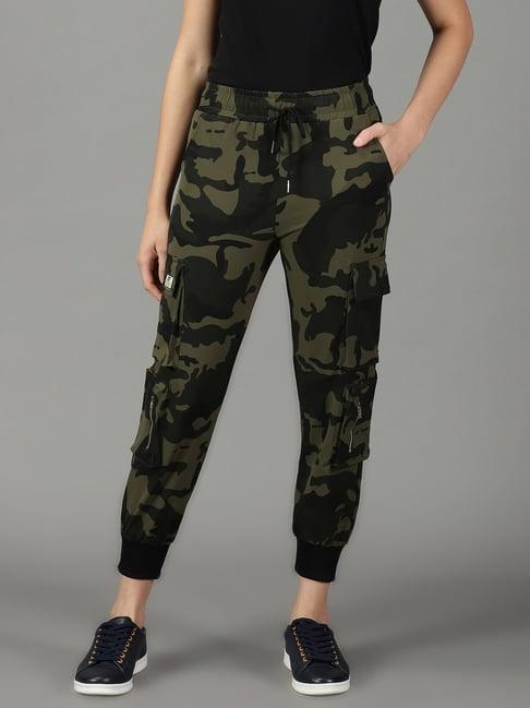showoff olive polyester camo print mid rise joggers