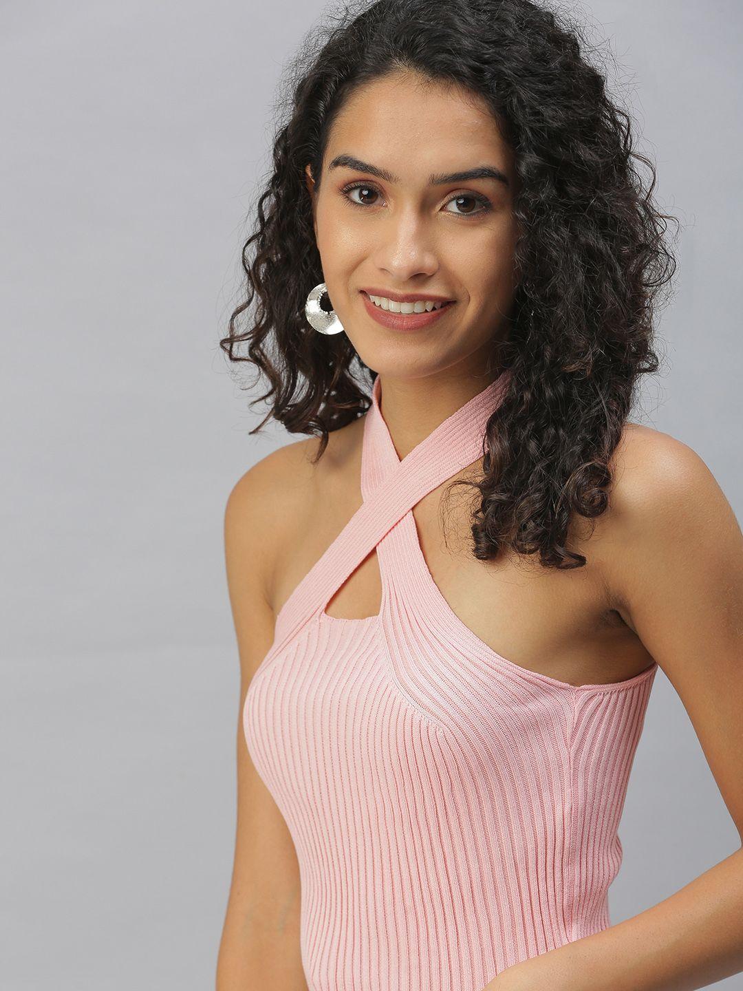 showoff peach-coloured halter neck twisted crop top