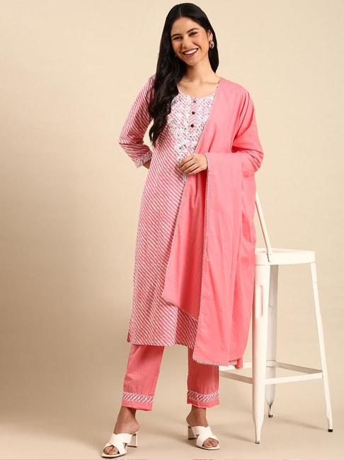 showoff pink cotton embroidered kurta pant set with dupatta