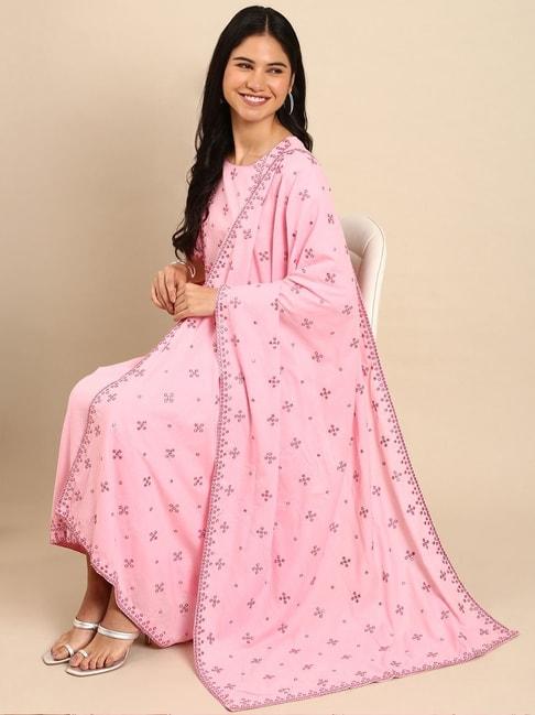 showoff pink cotton embroidered kurta pant set with dupatta