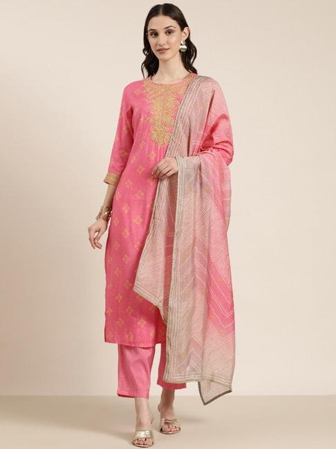 showoff pink embroidered kurta with pants & dupatta