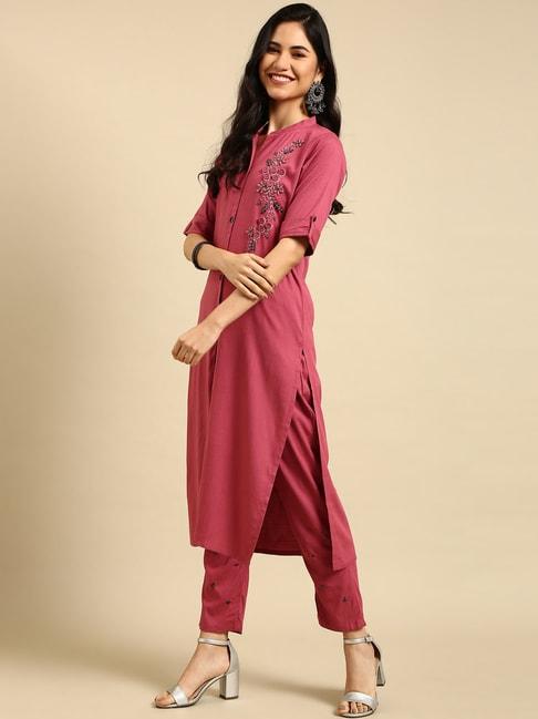 showoff pink embroidered straight calf length kurta with pants