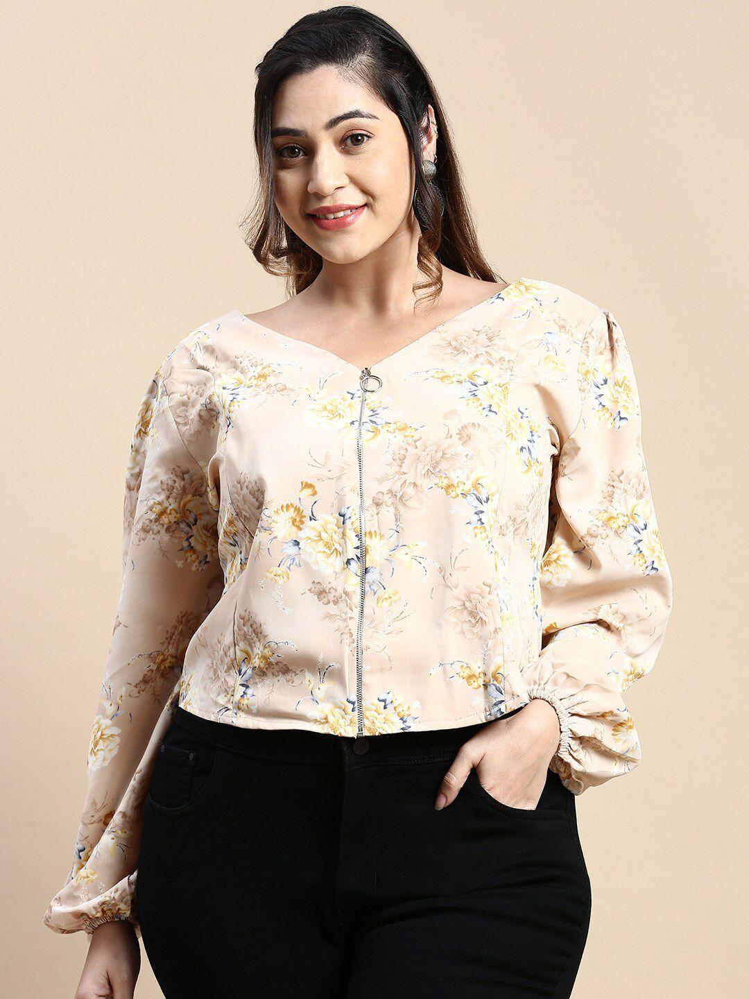 showoff plus floral printed v-neck puff sleeves top