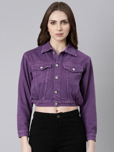 showoff purple regular fit crop denim jacket