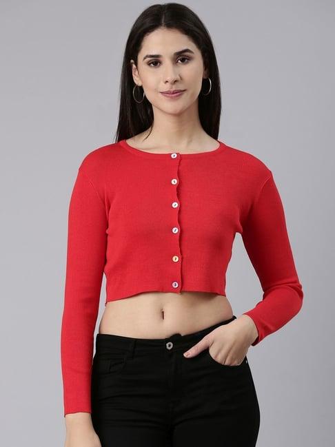 showoff red front-open cropped sweater