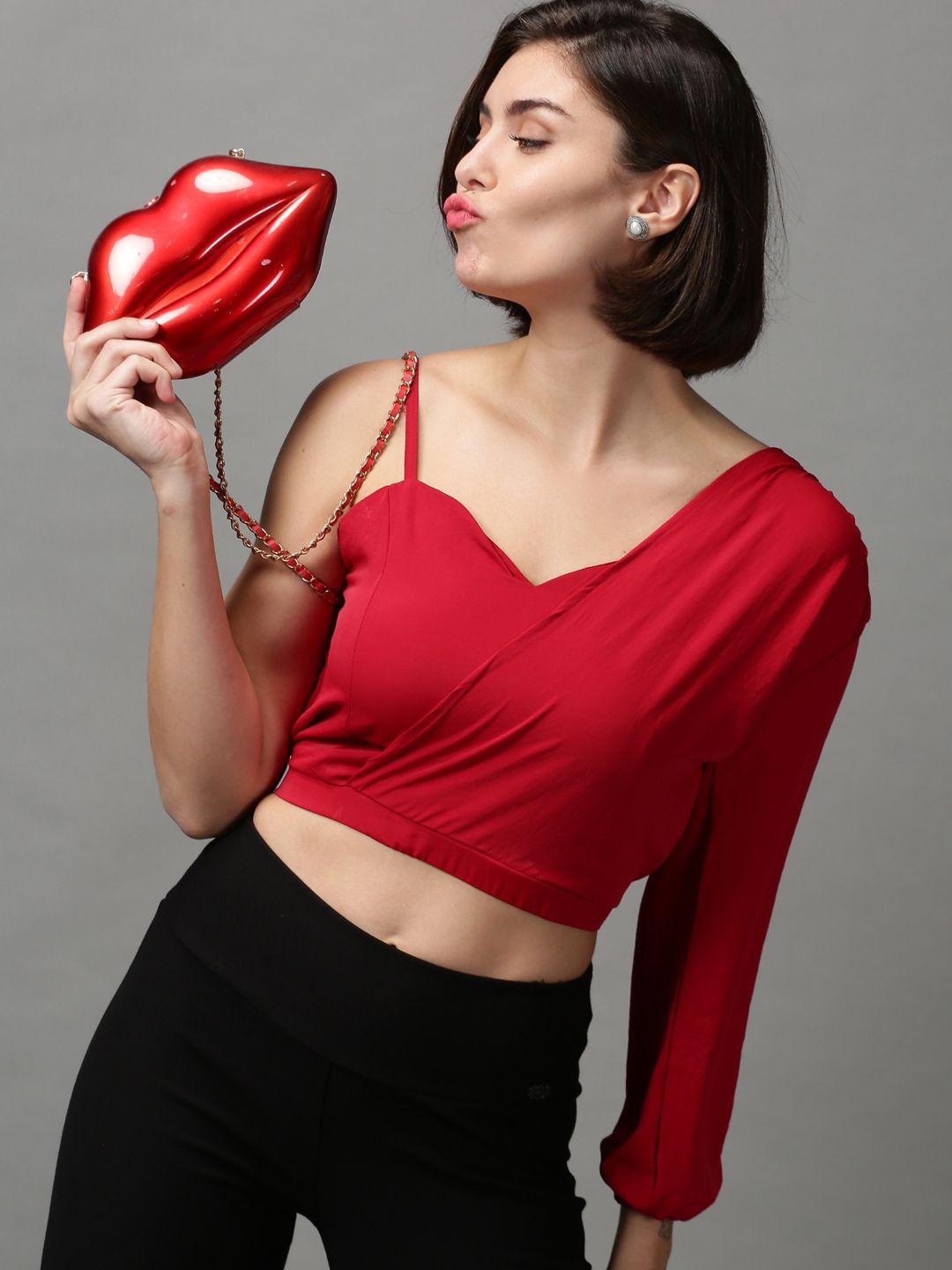 showoff red layered crepe wrap crop top