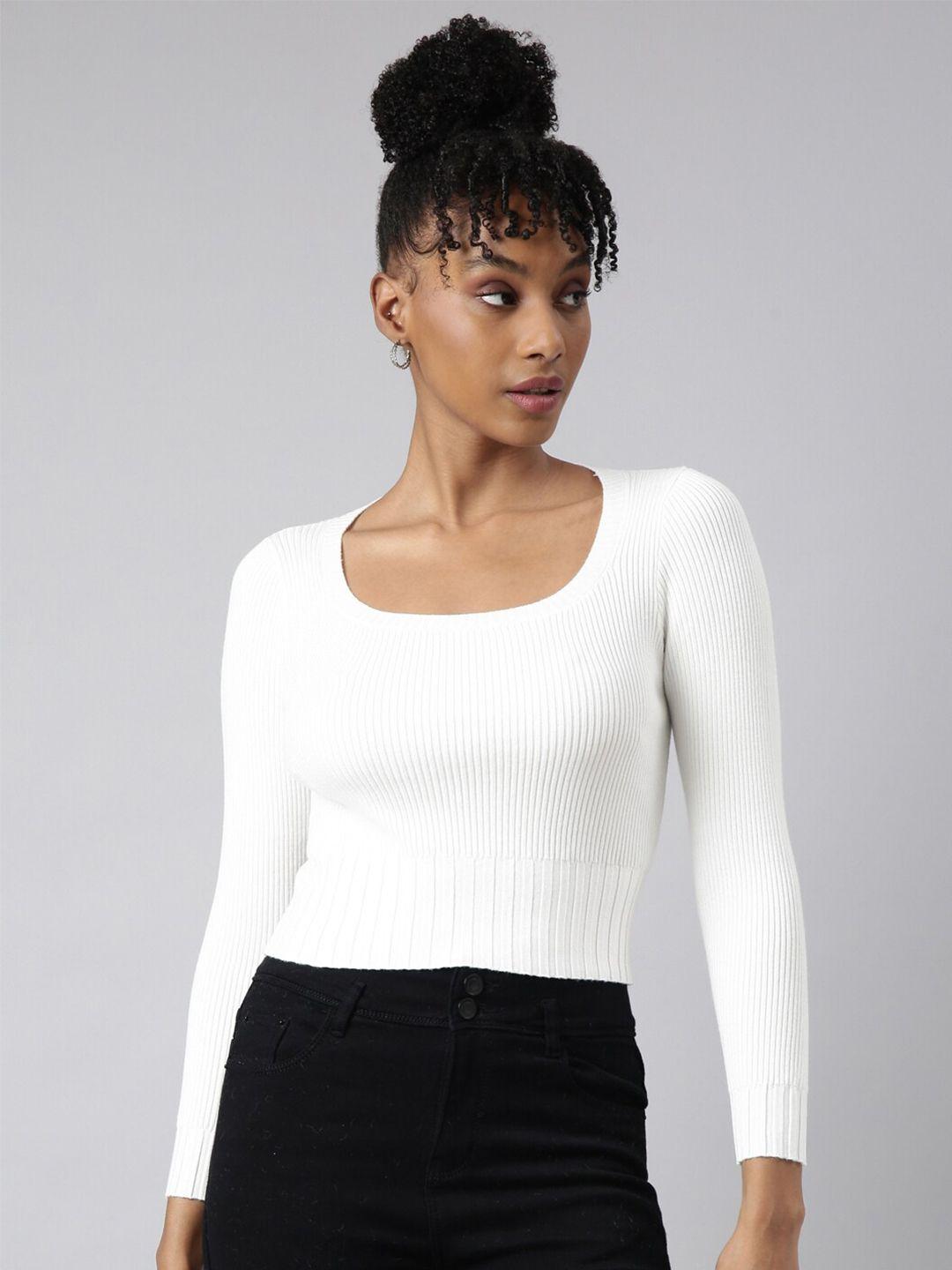 showoff round neck acrylic fitted crop top