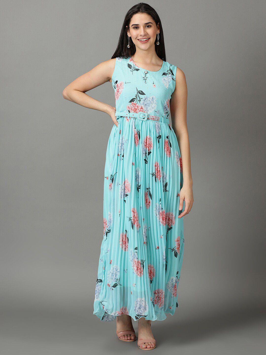 showoff round neck floral printed accordion pleats chiffon maxi dress with belt