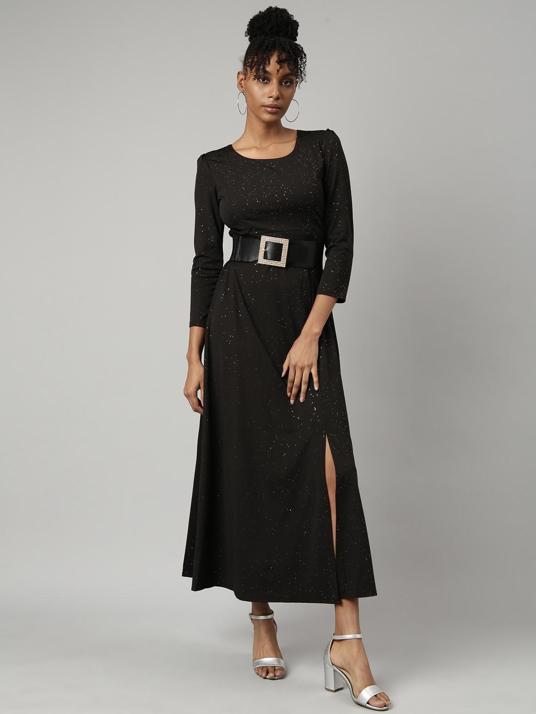 showoff-round-neck-regular-sleeves-bling-&-sparkly-belted-maxi-dress