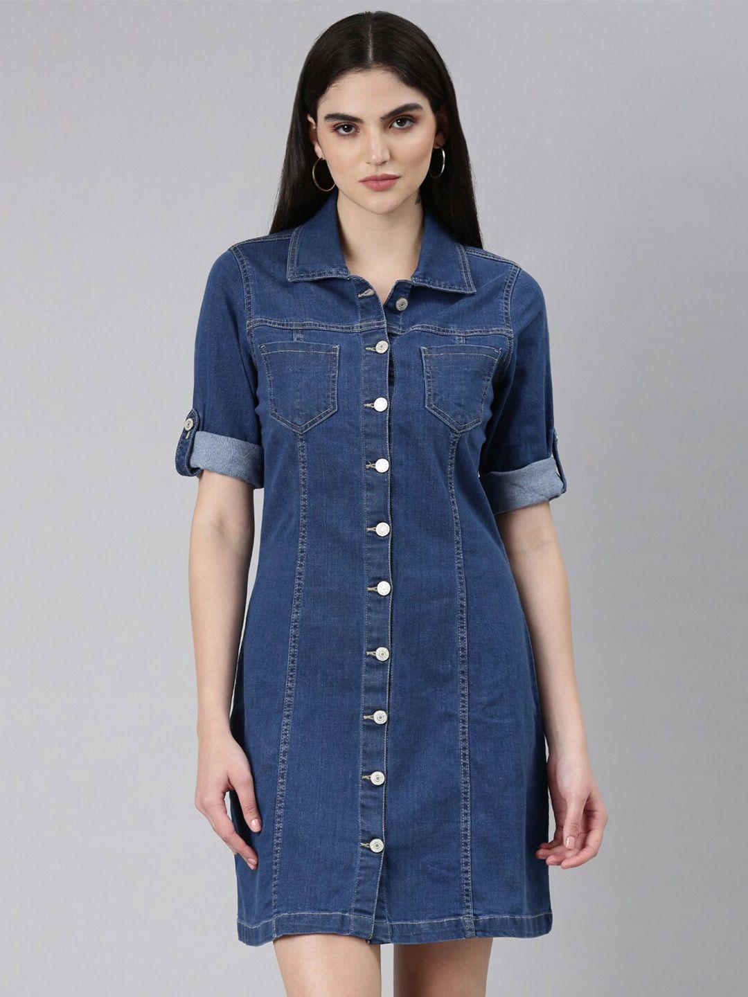 showoff shirt collar roll-up sleeves cotton shirt style dress