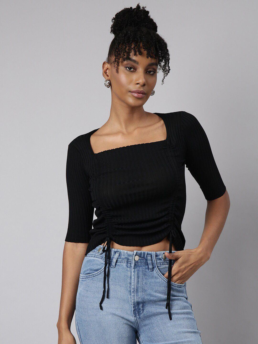 showoff short sleeves self design square neck fitted ruched crop top