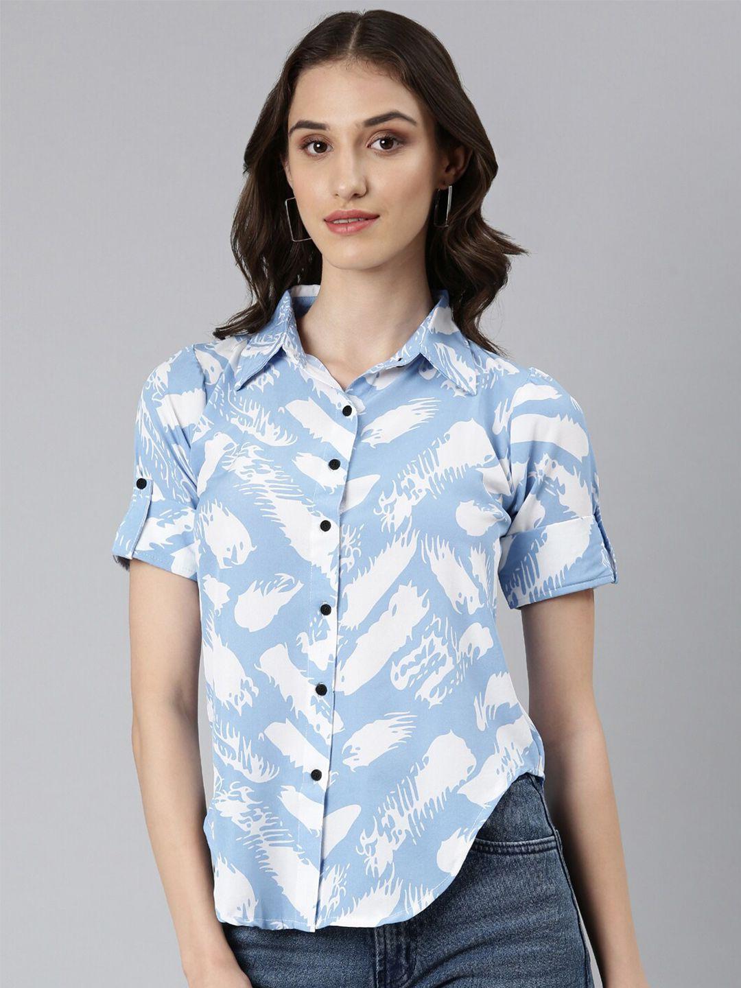 showoff slim fit abstract printed spread collar casual shirt