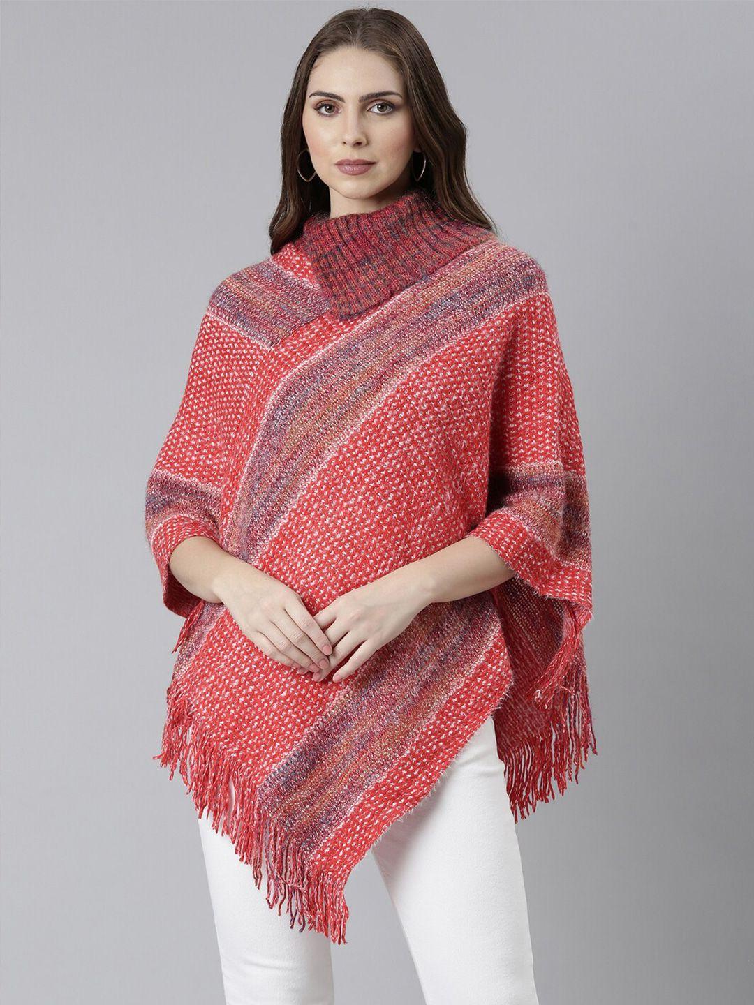 showoff speckled turtle neck acrylic poncho with fringed detail