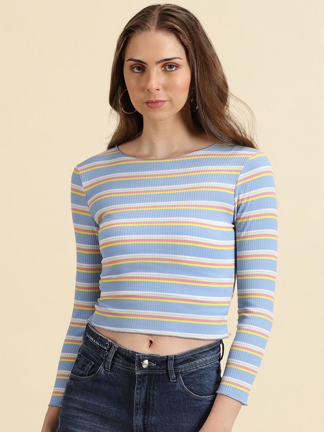 showoff striped acrylic boat neck fitted top