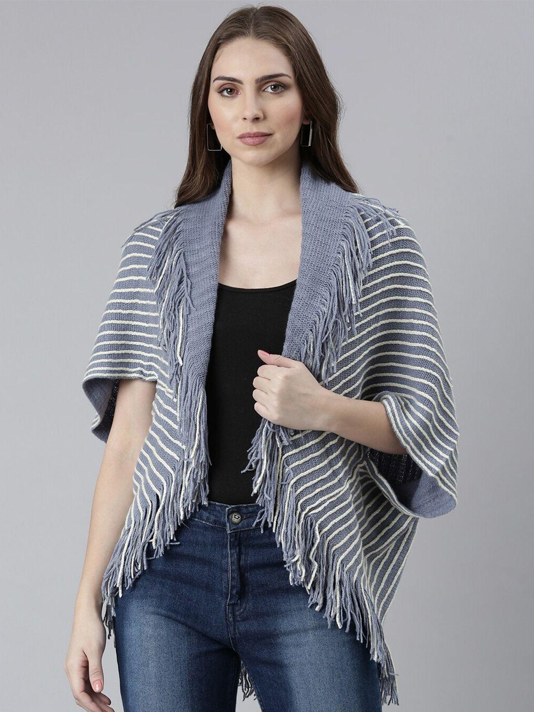 showoff striped acrylic poncho with fringed detail