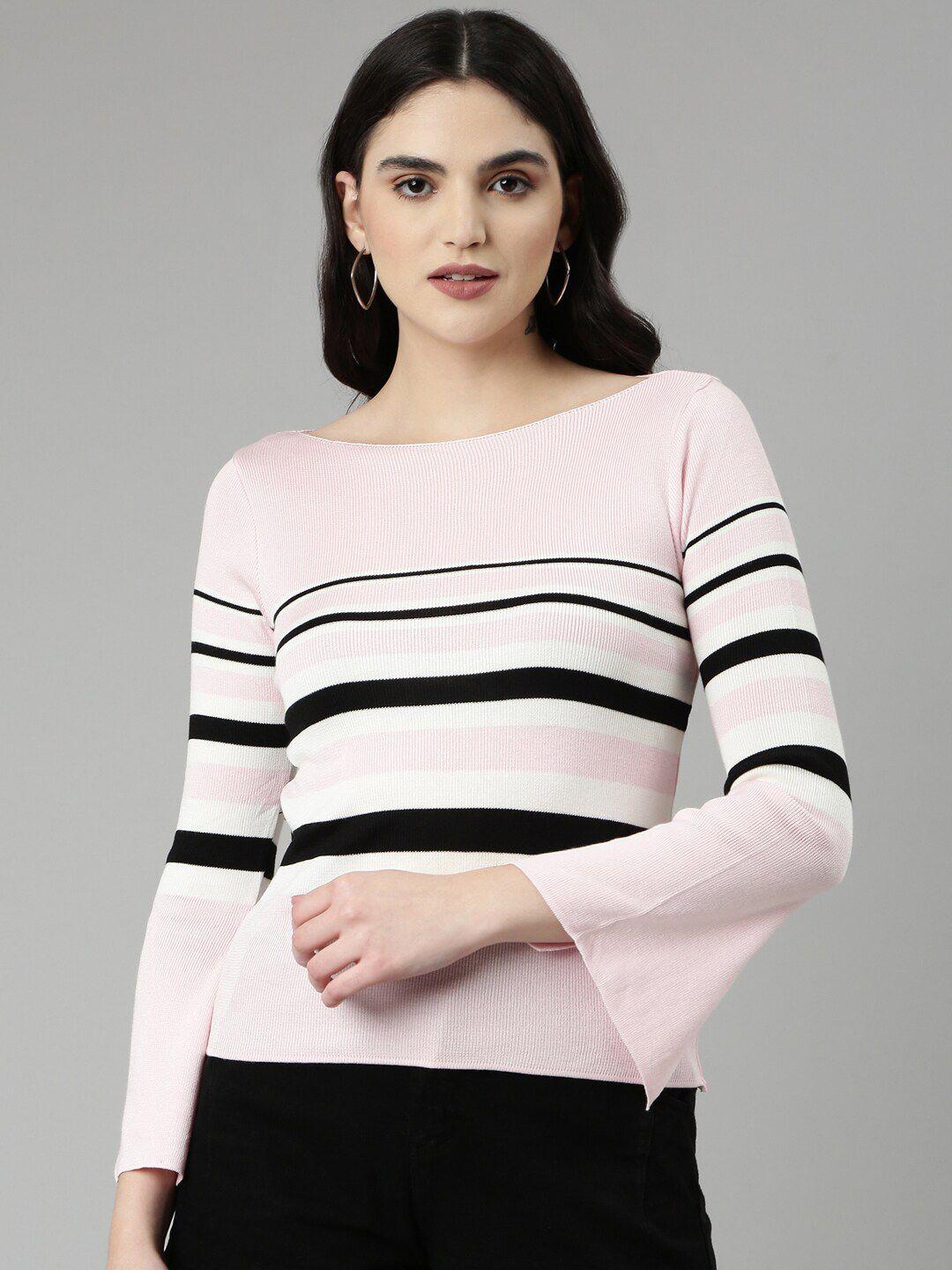 showoff striped boat neck ribbed top