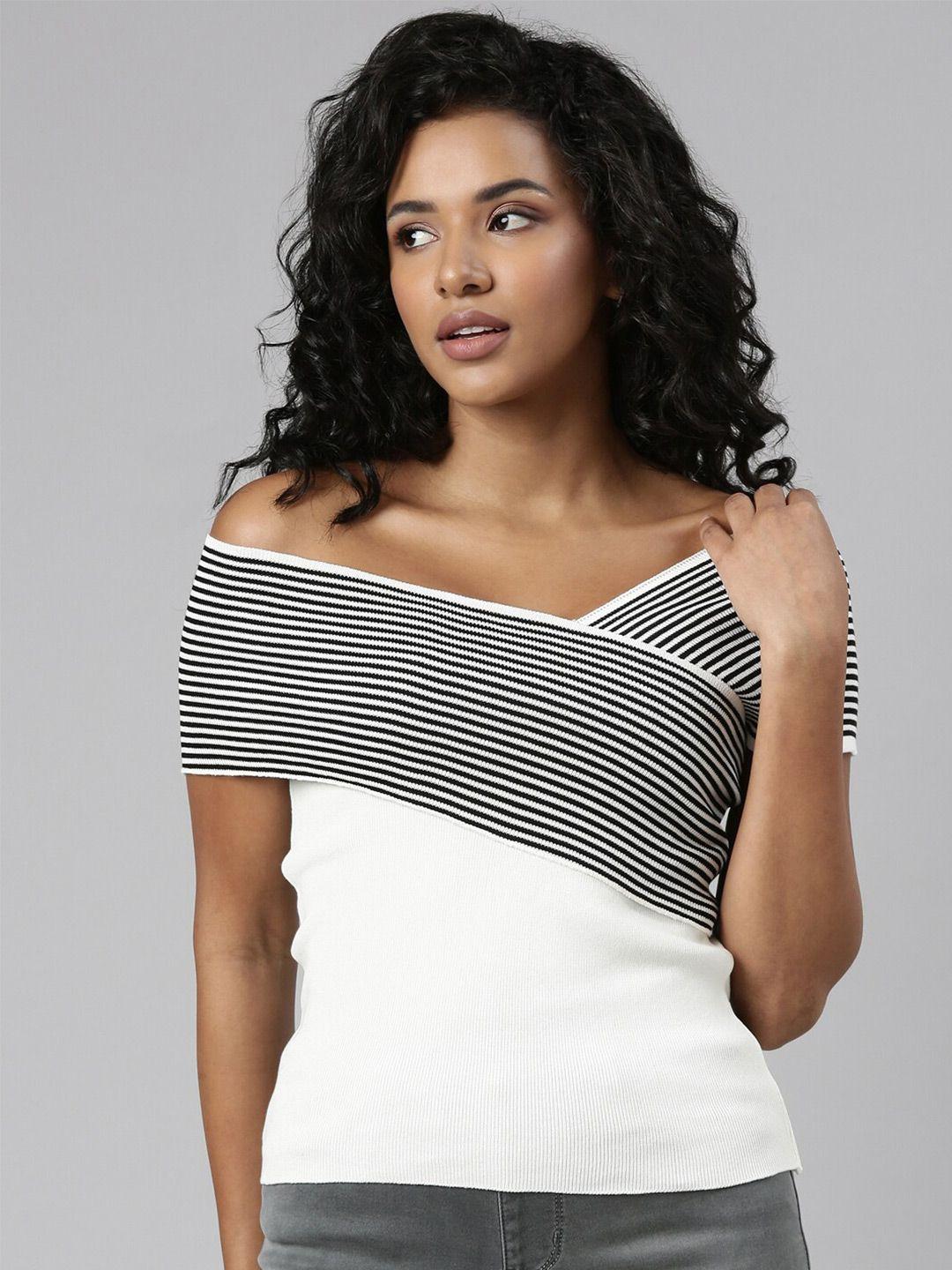 showoff striped off-shoulder acrylic top