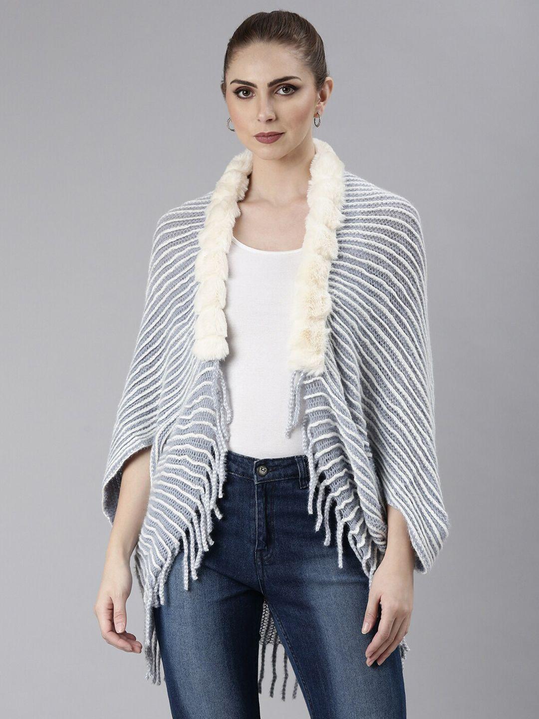 showoff striped poncho with fringed detail