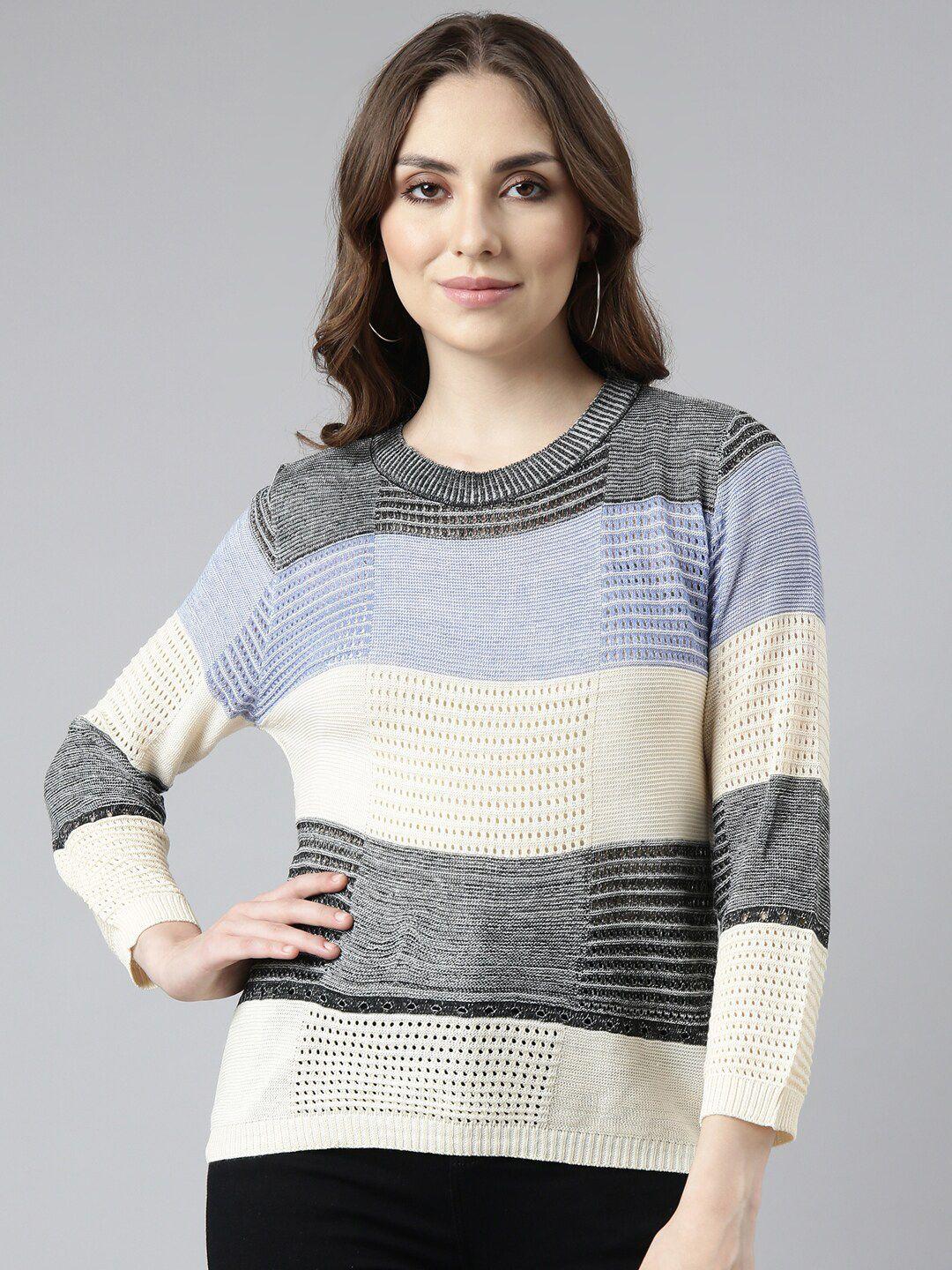 showoff striped round neck extended sleeves crochet top