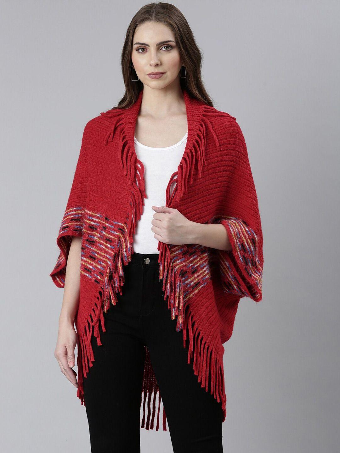 showoff striped shawl collar poncho with fringed detail
