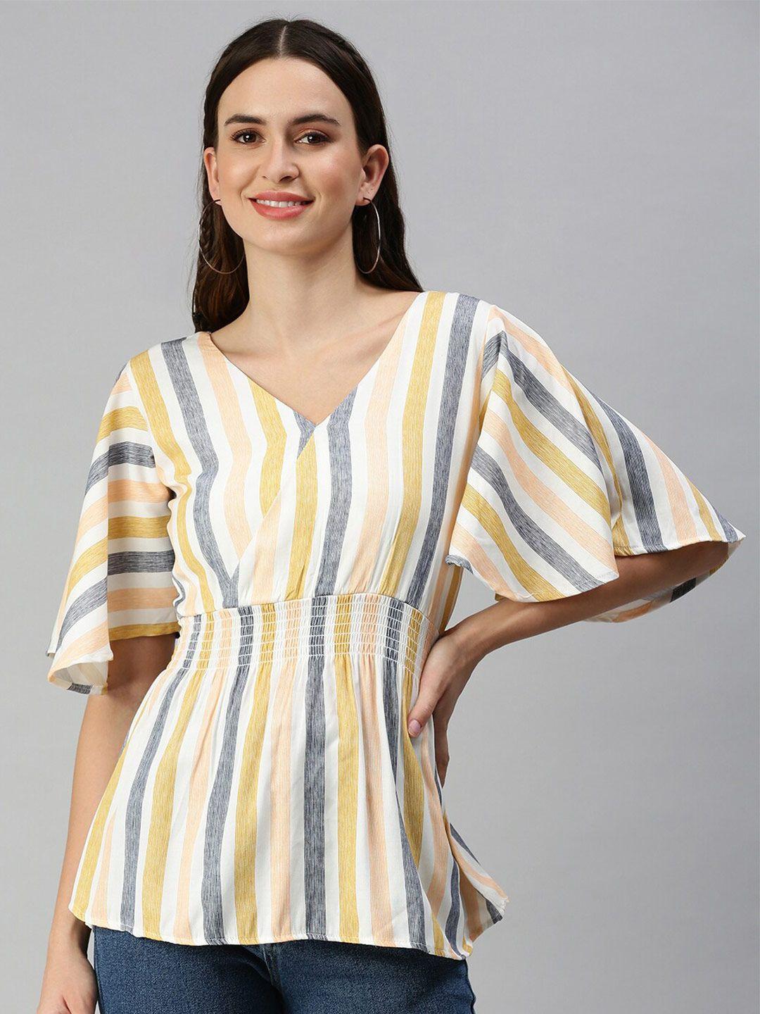 showoff striped smocked flared sleeves wrap top