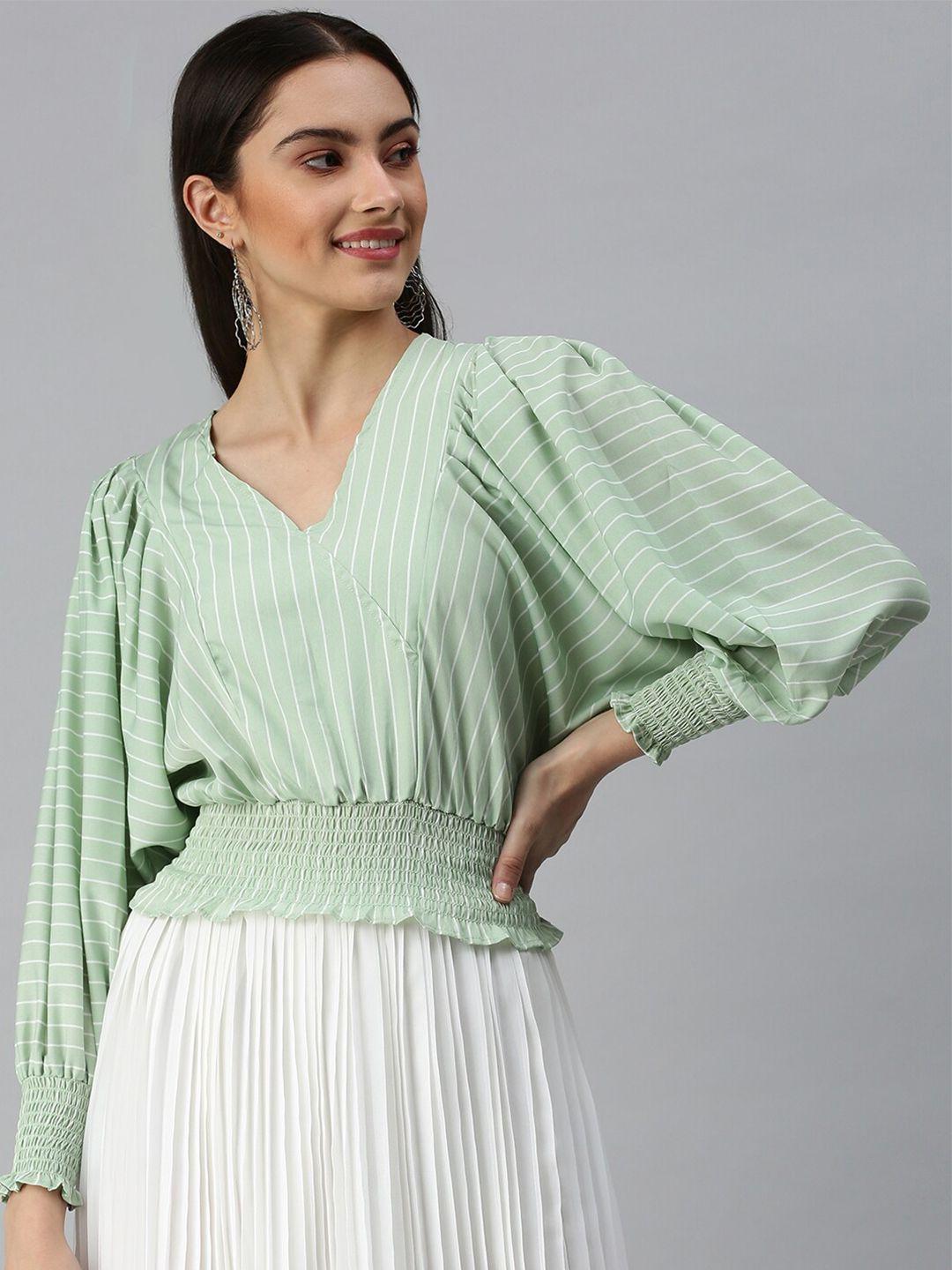 showoff striped smocking puff sleeves blouson top