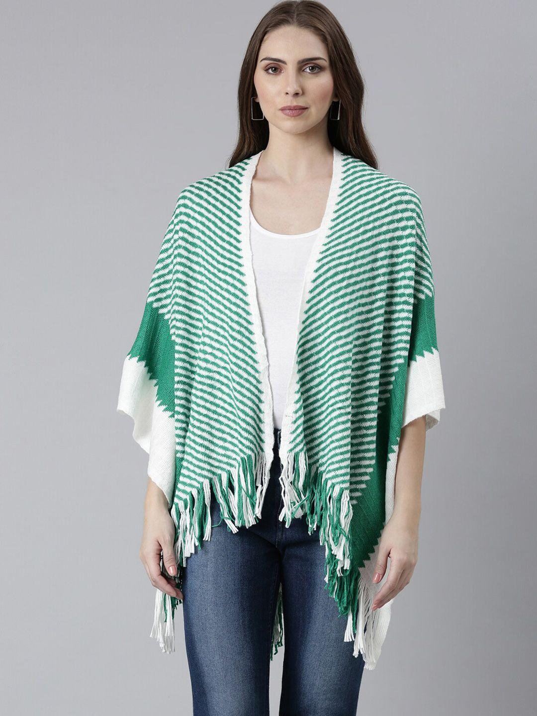 showoff striped v-neck acrylic front-open sweater with fringed detail