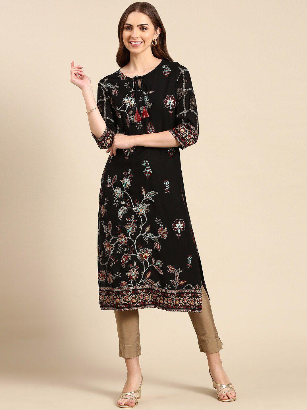 showoff tie-up neck floral printed sequined straight kurta