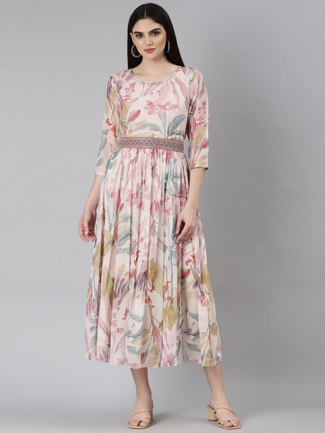 showoff tropical printed embellished detail cotton fit and flare midi dress with belted