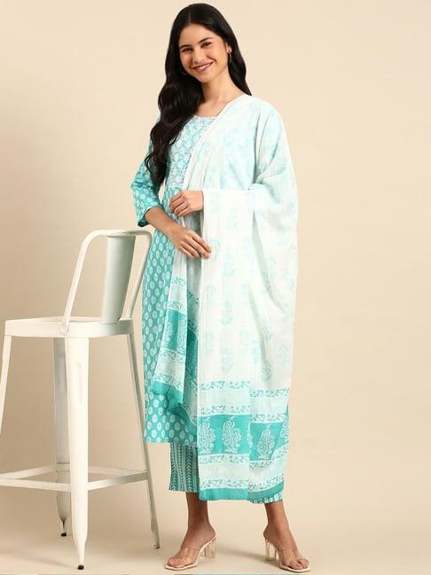 showoff turquoise cotton printed kurta pant set with dupatta
