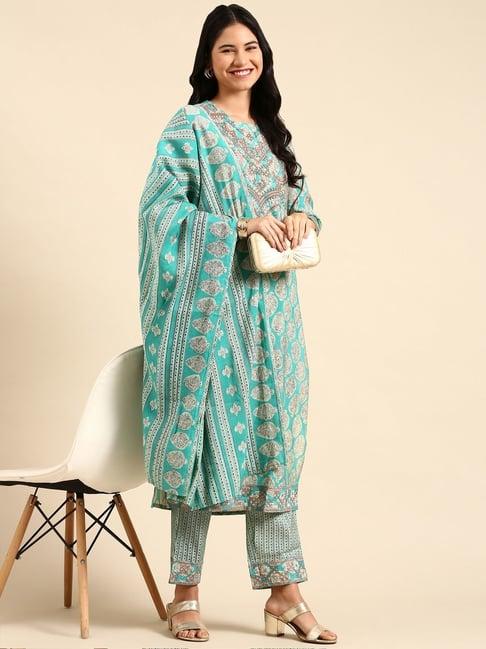 showoff turquoise printed kurta pant set with dupatta