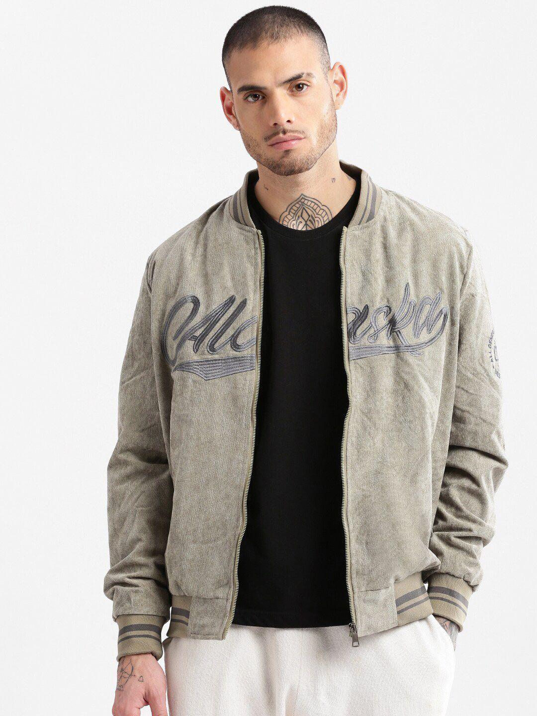 showoff typography printed stand collar windcheater fleece bomber jacket