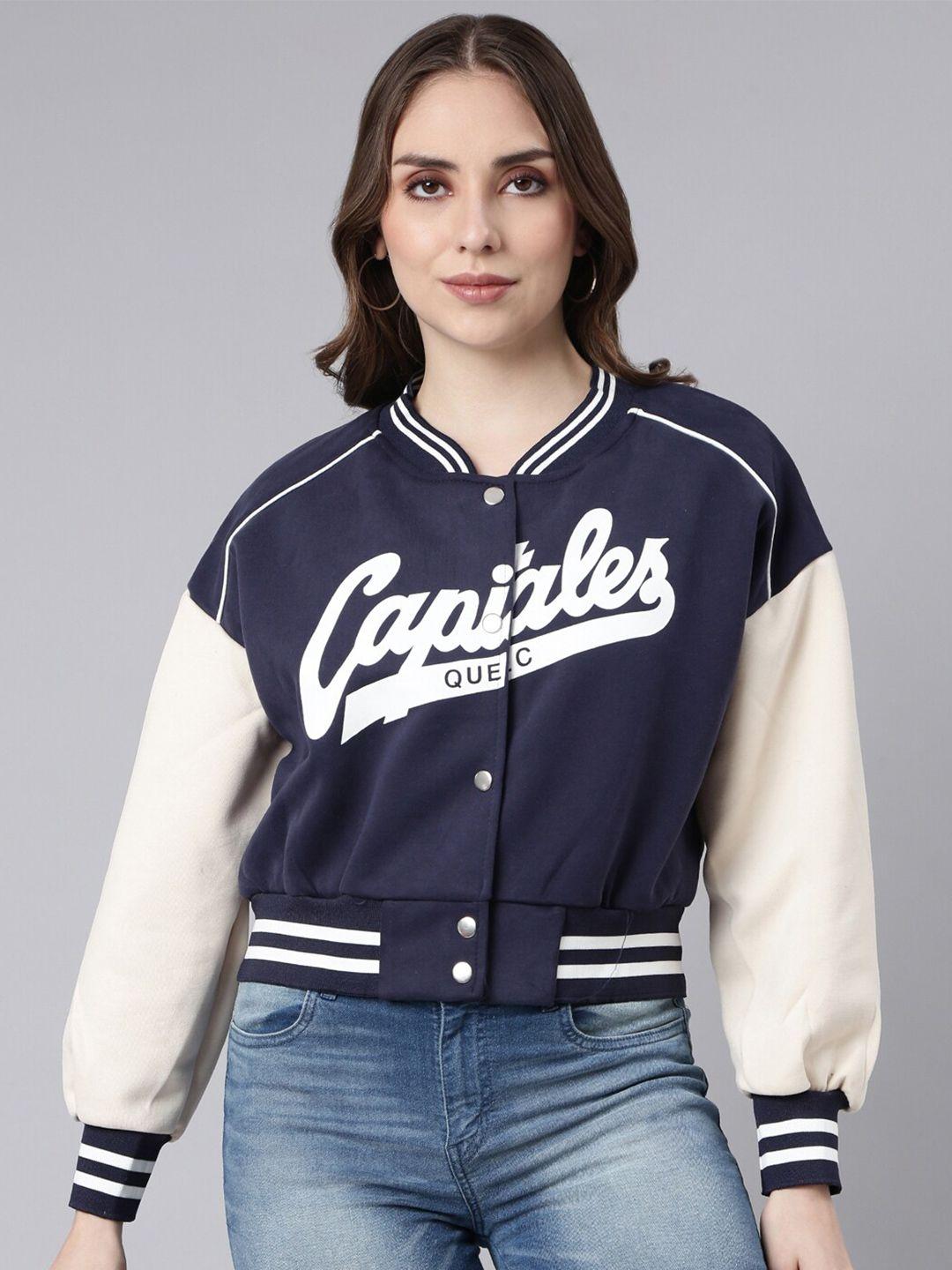 showoff typography printed windcheater cotton crop bomber jacket