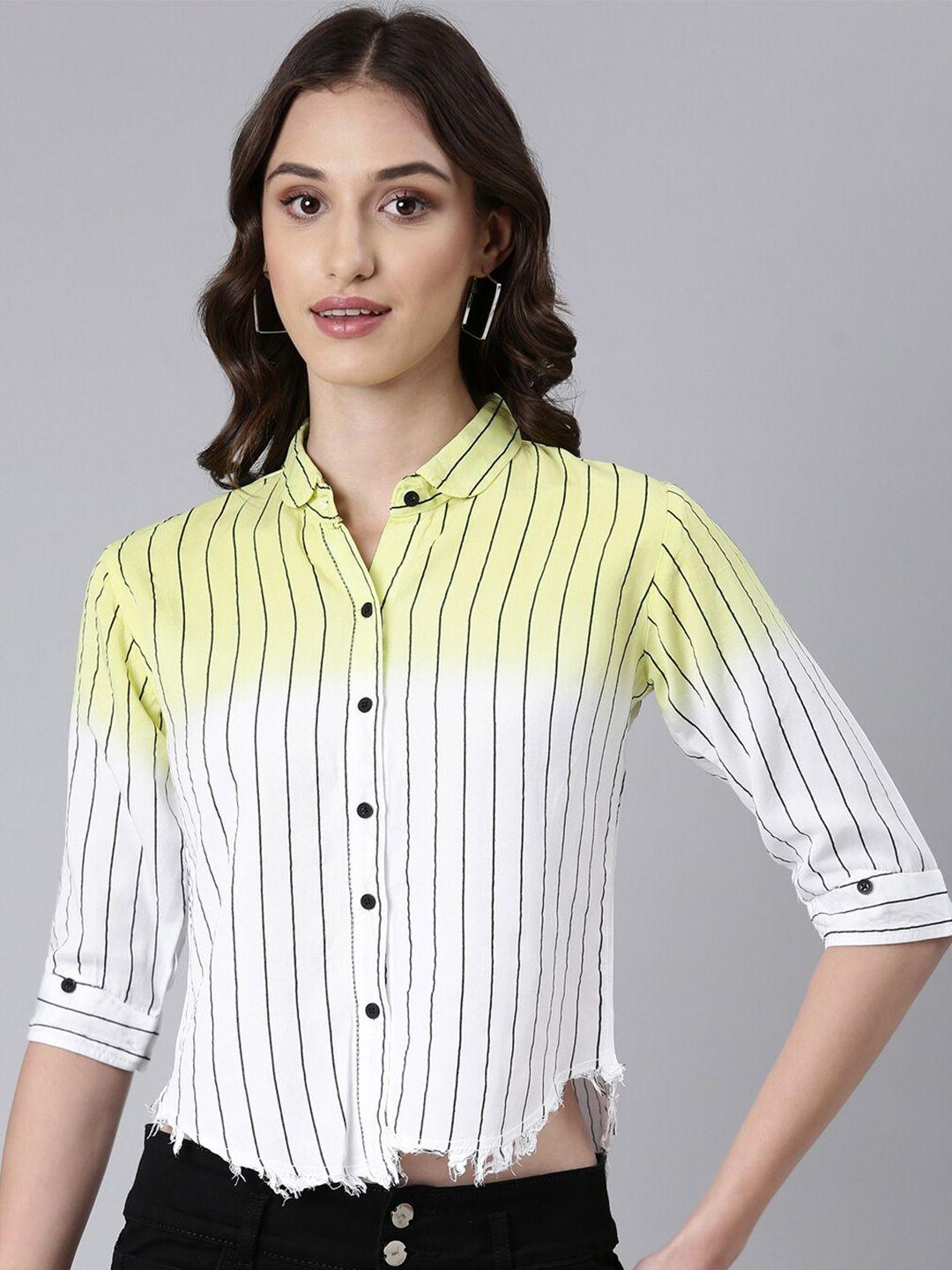 showoff vertical striped opaque high-low cotton casual shirt