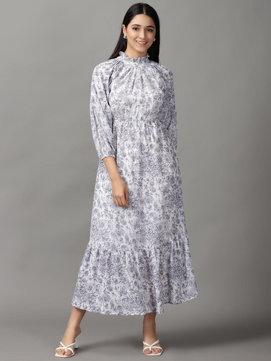 showoff white & grey floral printed maxi dress
