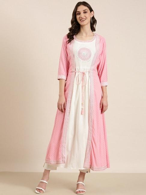 showoff white & pink cotton regular fit kurta with jacket