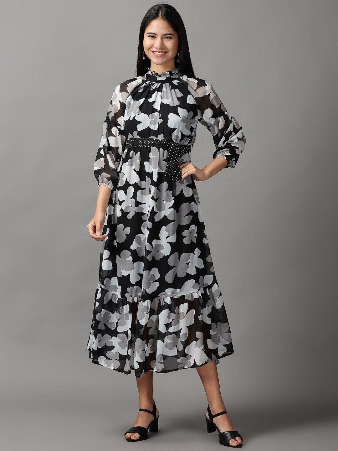 showoff women black & grey floral layered chiffon a-line midi dress