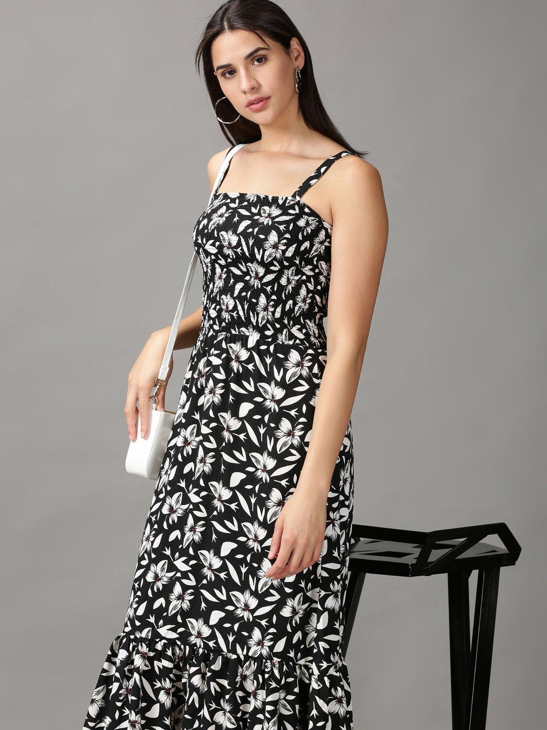 showoff women black & white floral crepe a-line midi dress