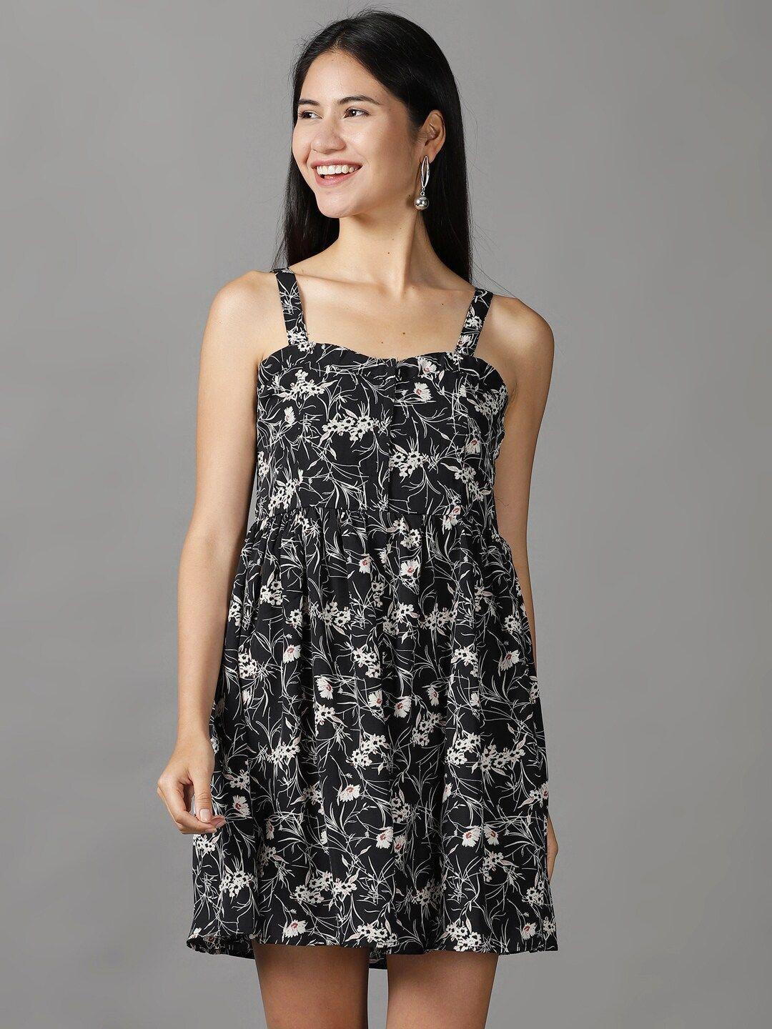 showoff women black & white floral crepe dress