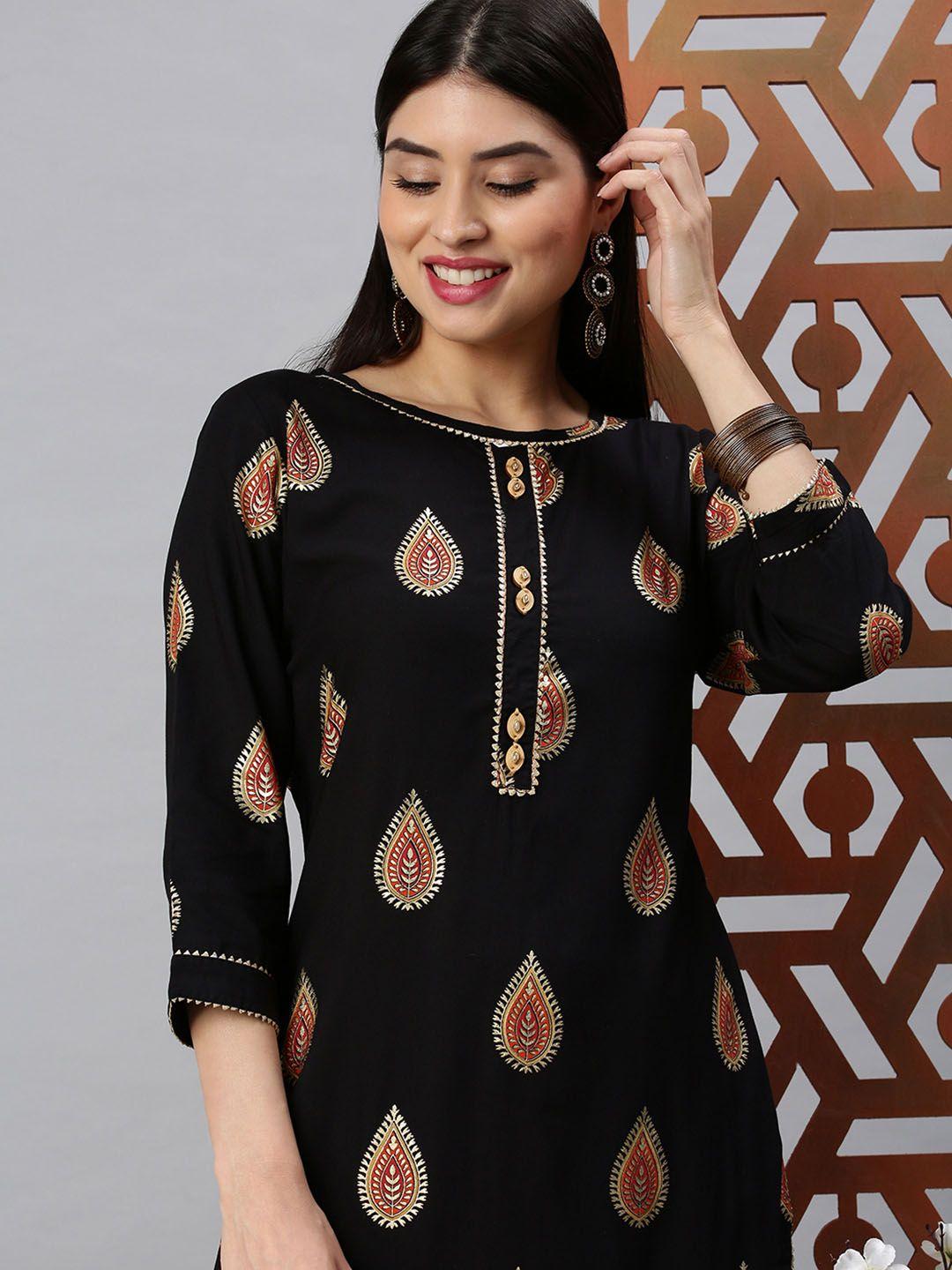 showoff women black ethnic motifs three-quarter sleeves mandarin collar kurta sets