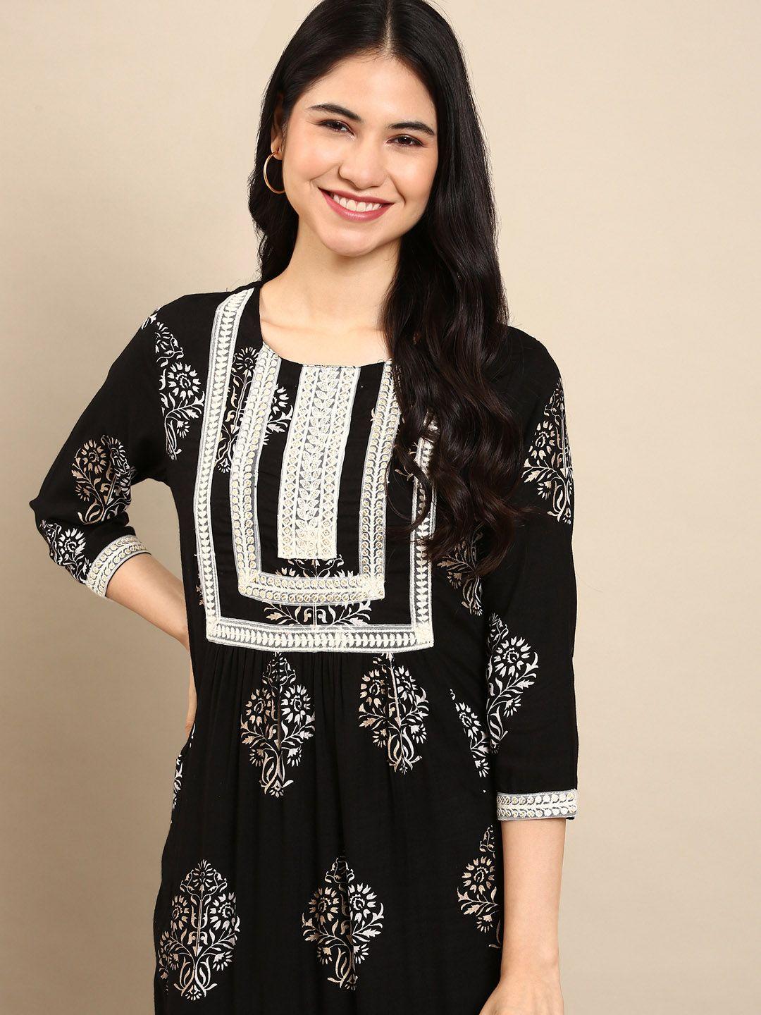 showoff women black floral printed sequinned kurta with palazzos