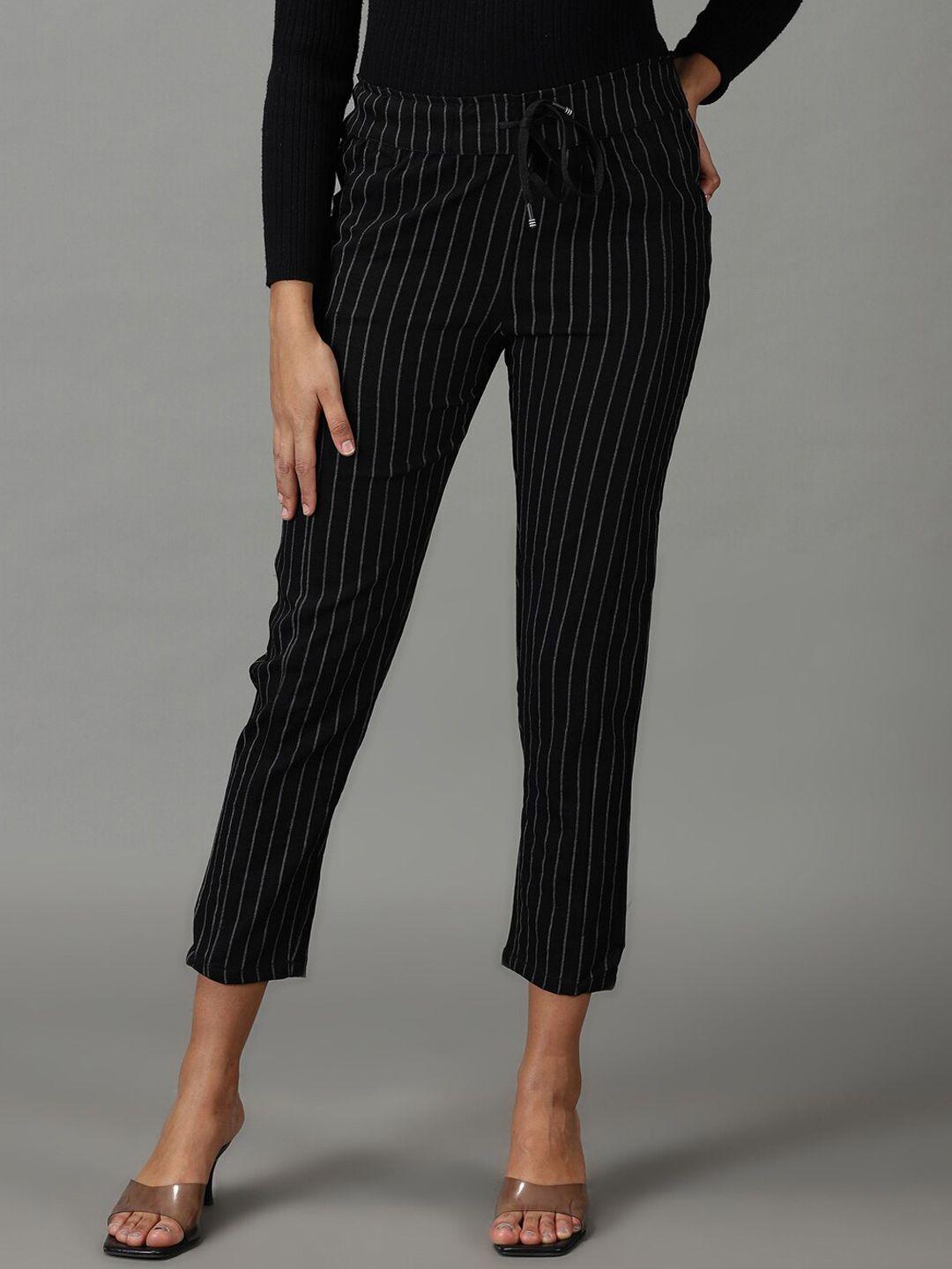 showoff women black plus size striped slim fit trousers