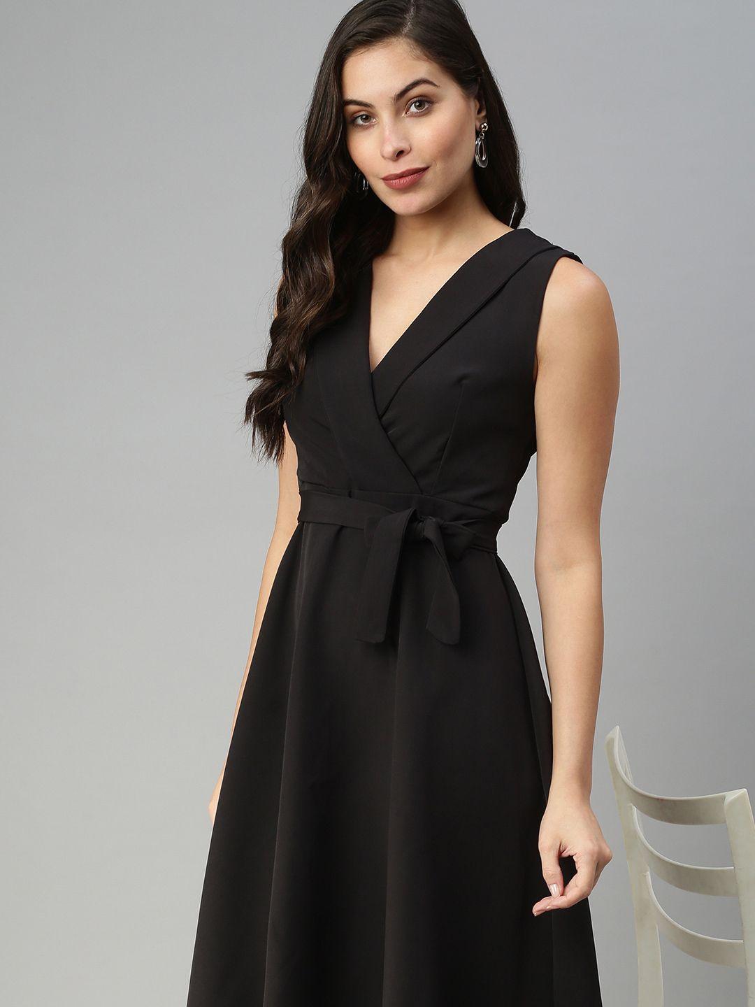 showoff women black solid fit and flare dress