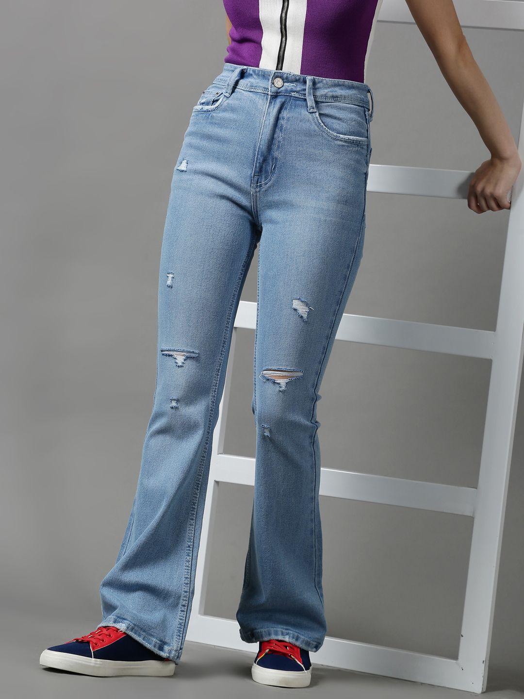 showoff women blue bootcut mildly distressed light fade stretchable jeans
